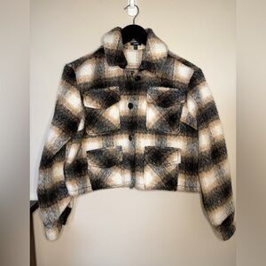 NWOT Express Black and Cream Plaid Teddy Jacket